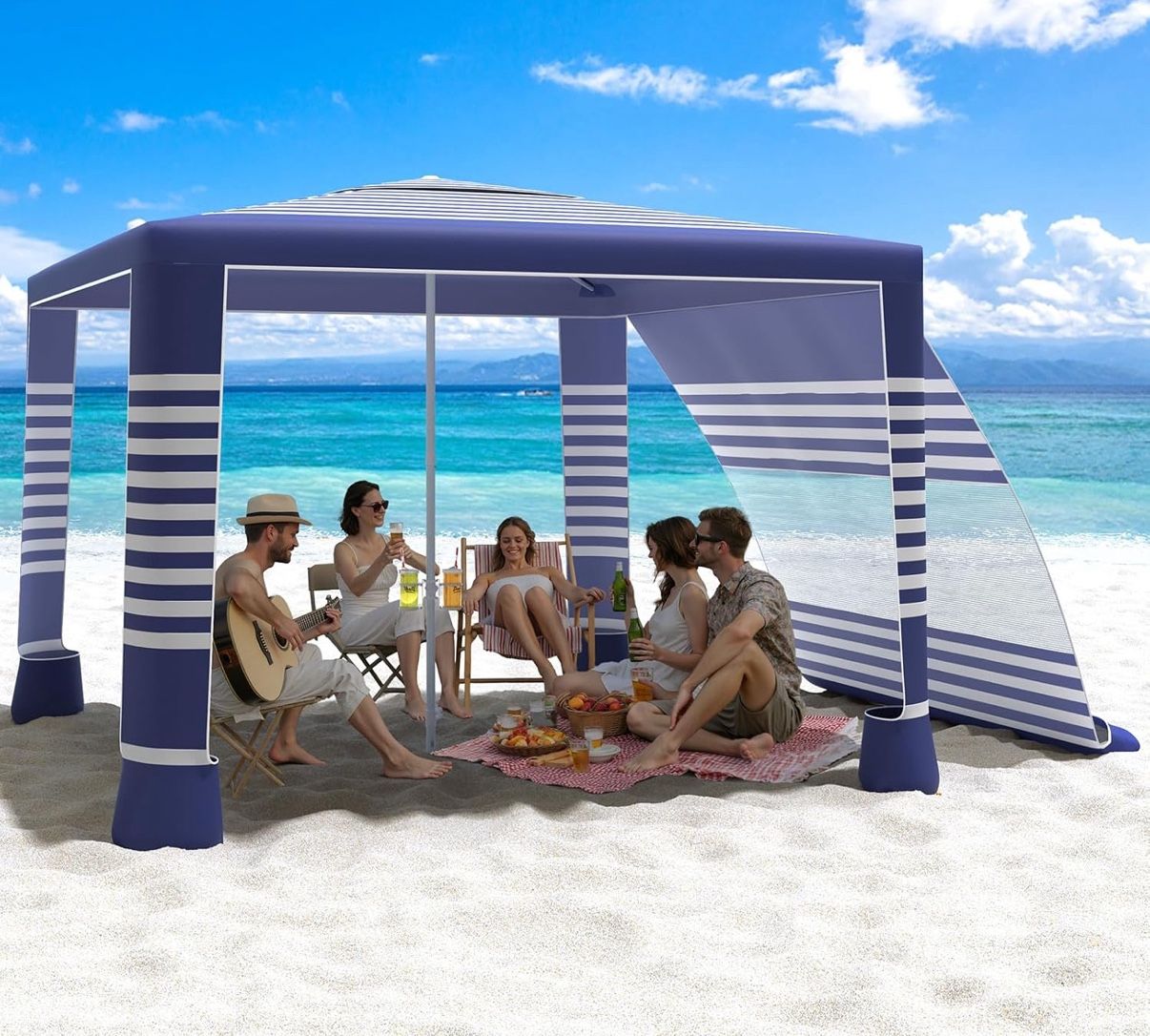 MoKo Beach Cabana, 8'×8' Large Beach Canopy with Side Wall, UPF 50+ Protection Easy Setup Beach Tent Sun Shelter, Adjustable Height Wind Resistant Cab