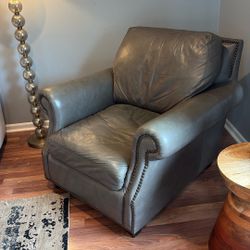 Real Gray Leather Chair And Ottoman With Metal Billets