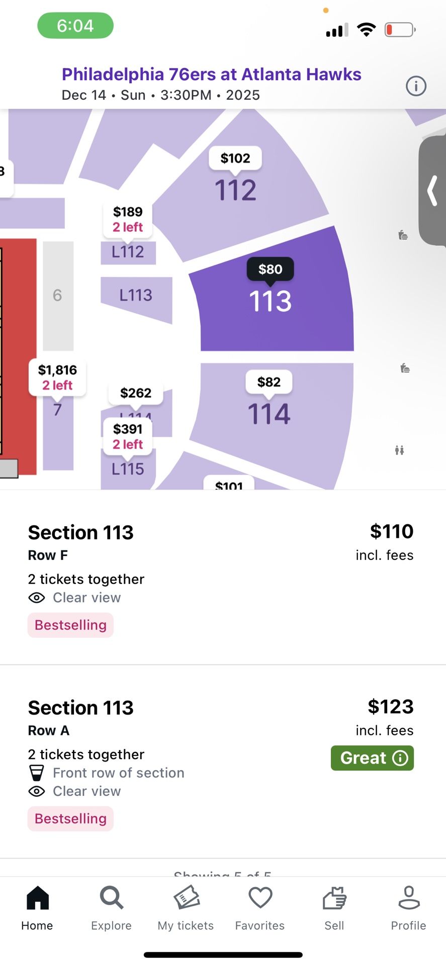 Section 113 2 Tickets 100 Level Hawks Sixers