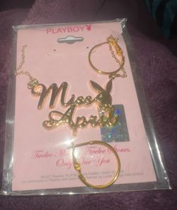 Playboy MISS APRIL Bunny Pendant Necklace Gold Plated With Crystal, 17 Inch, Y2K Vintage