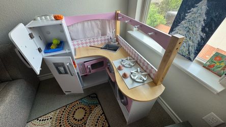 Large Wooden Corner Play Kitchen — Pink/White