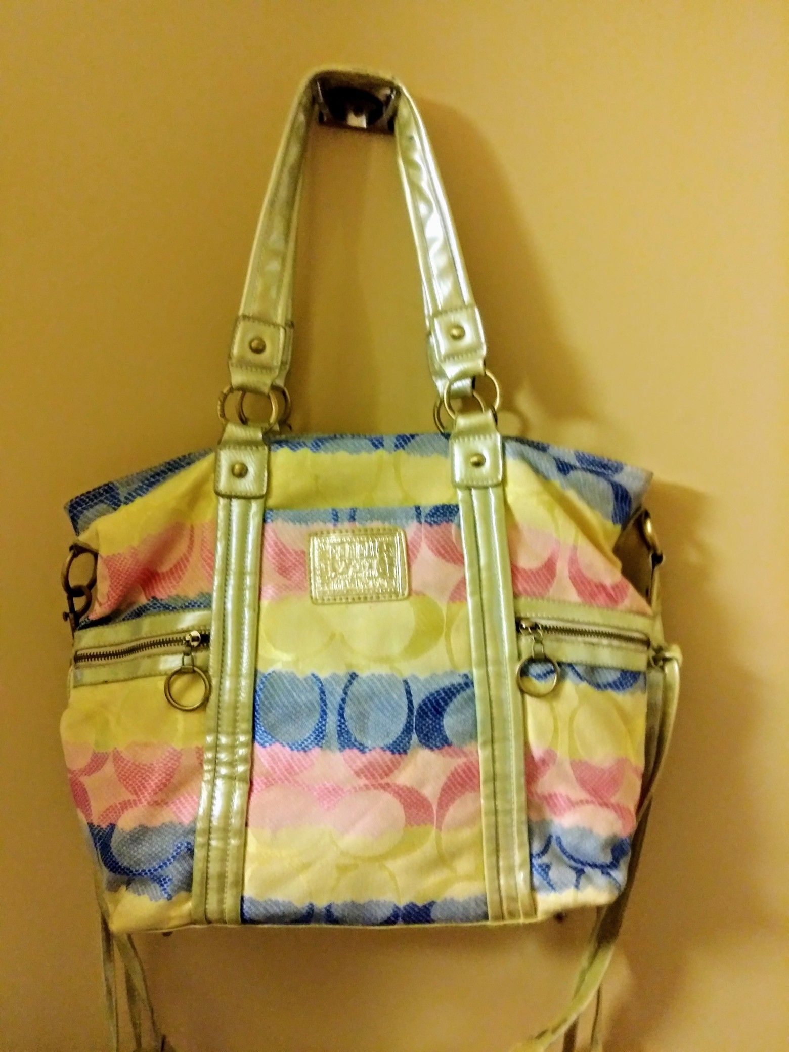 Coach pastel color patchwork tote bag . Perfect Roomie bag!