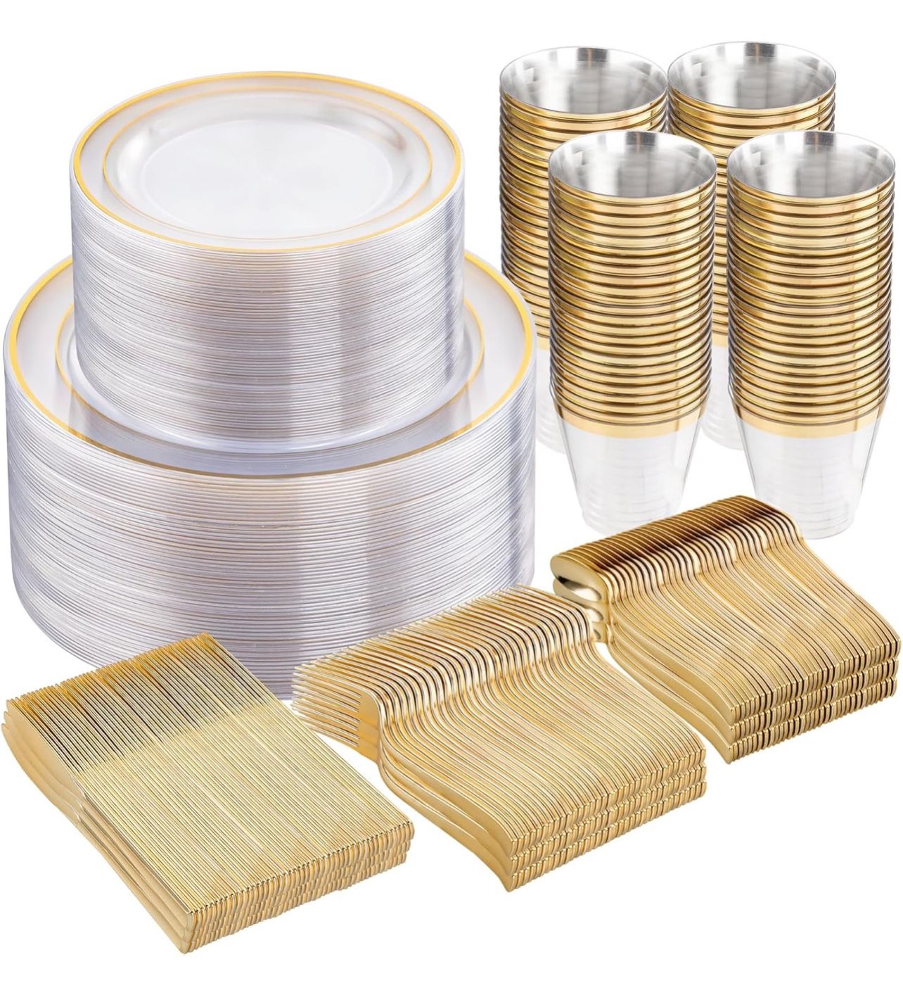  600pc Gold Trim Plastic Dinnerware Set