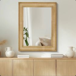 Rectangle Rattan Wood Frame Mirror with Tempered Glass