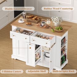 Mobile Kitchen Island with Rubberwood Countertop, 3 Drawer 2 Door Kitchen Cart with Drop Leaf and Casters for Kitchen Dining Room, White