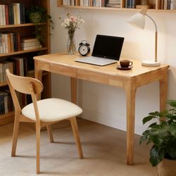 Solid Wood Desk with Drawers, Standing Desk with Smooth Edges, Home Office Desk for Small Spaces, Mid Century Modern Desk for Study, Bedroom, Living R