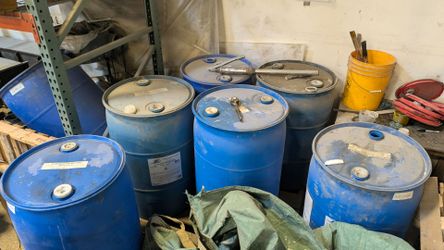 6 free EMPTY 55 gallon Grifcote VOC blue plastic barrels FR-50-VOC FR50VOC