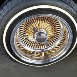 14x7 Center Gold Spoke Wire Wheels Rims + 175-70-14 Remington White Wall Tires (4)-We Finance