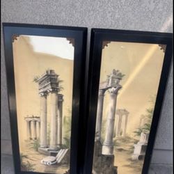 Vintage Pair Silk Paintings – Roman Ruins – Black Lacquer Frame