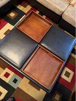Square Faux Leather Ottoman Coffee Table with 4 Reversible Trays