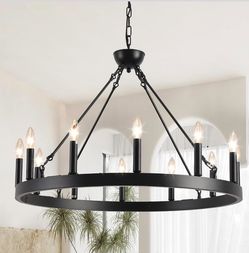 Wagon Wheel Chandelier 32" 12-Light, Round Black Chandeliers Farmhouse - New!