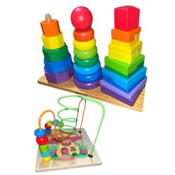 LOT of 2 Montessori Wooden Baby Toys Melissa & Doug Shape Stacker & Bead Coaster Mushroom Design Maze
