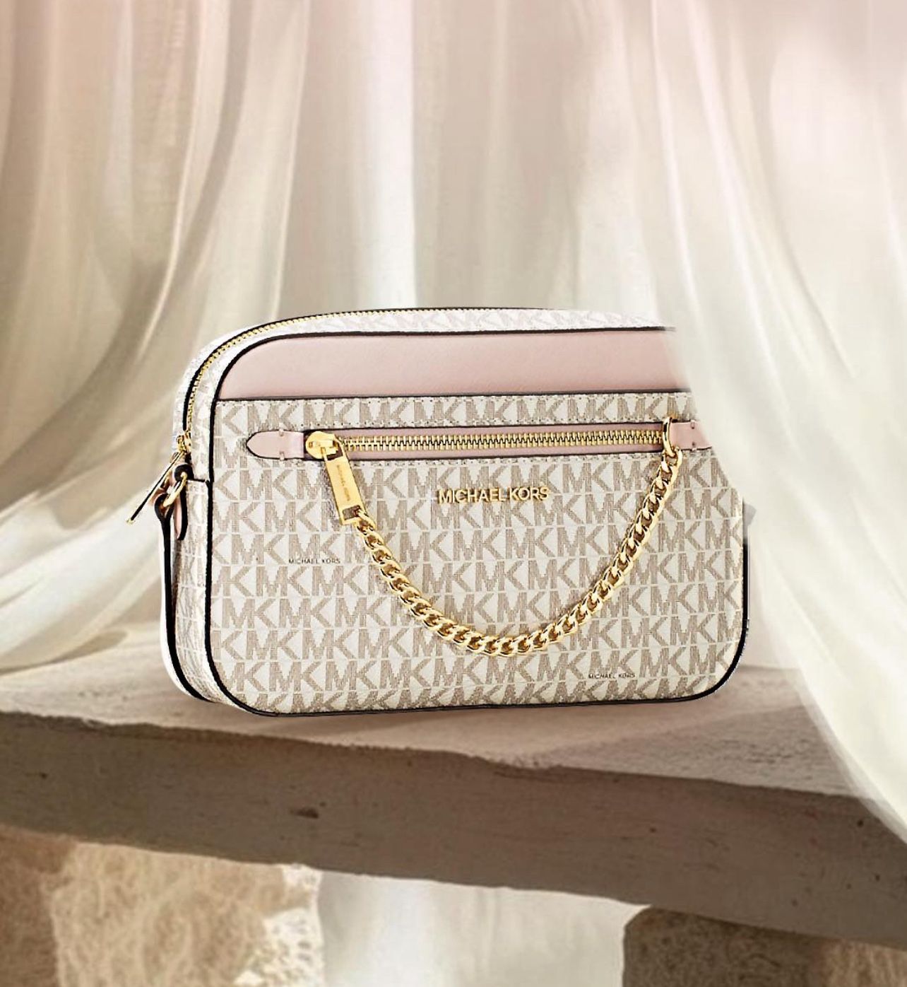 Michael Kors Vanilla/Blush Jet Set Large Logo Crossbody Bag - New W/ GIFT BOX