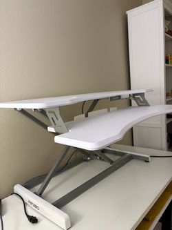 FEZIBO Electric Standing Desk Converter – White Dual-Tier Desktop Workstation