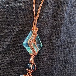 Blue Glass Bicone Copper Abstract Wired Wrap Pendant With Copper Chain