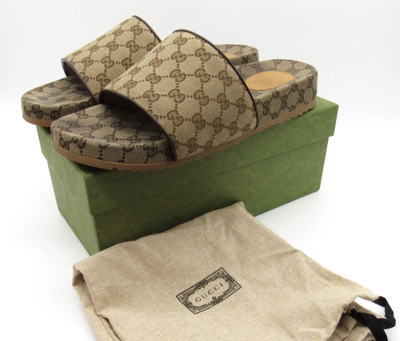 Authentic Men's Gucci Beige GG Supreme Logo Canvas Slides Sandals 624695 Size 14