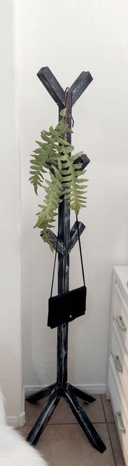 🌱Solid Wood Coat/Hat/Bag Rack Stand ::: 65"H X 20"W X 20"D ::: Distressed Black/Silver Drop