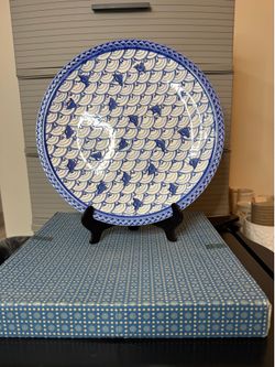 Blue and White Japanese Porcelain Wave and Bird Plate