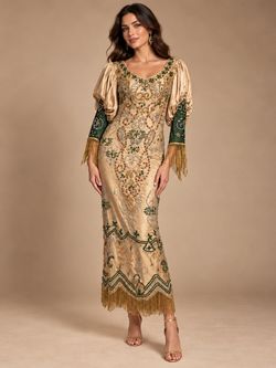 Gold Beaded Fringe Maxi Evening Dress