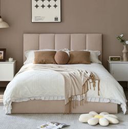 Brand New Queen Size Lift-Up Storage Bed Frame – Beige Upholstered
