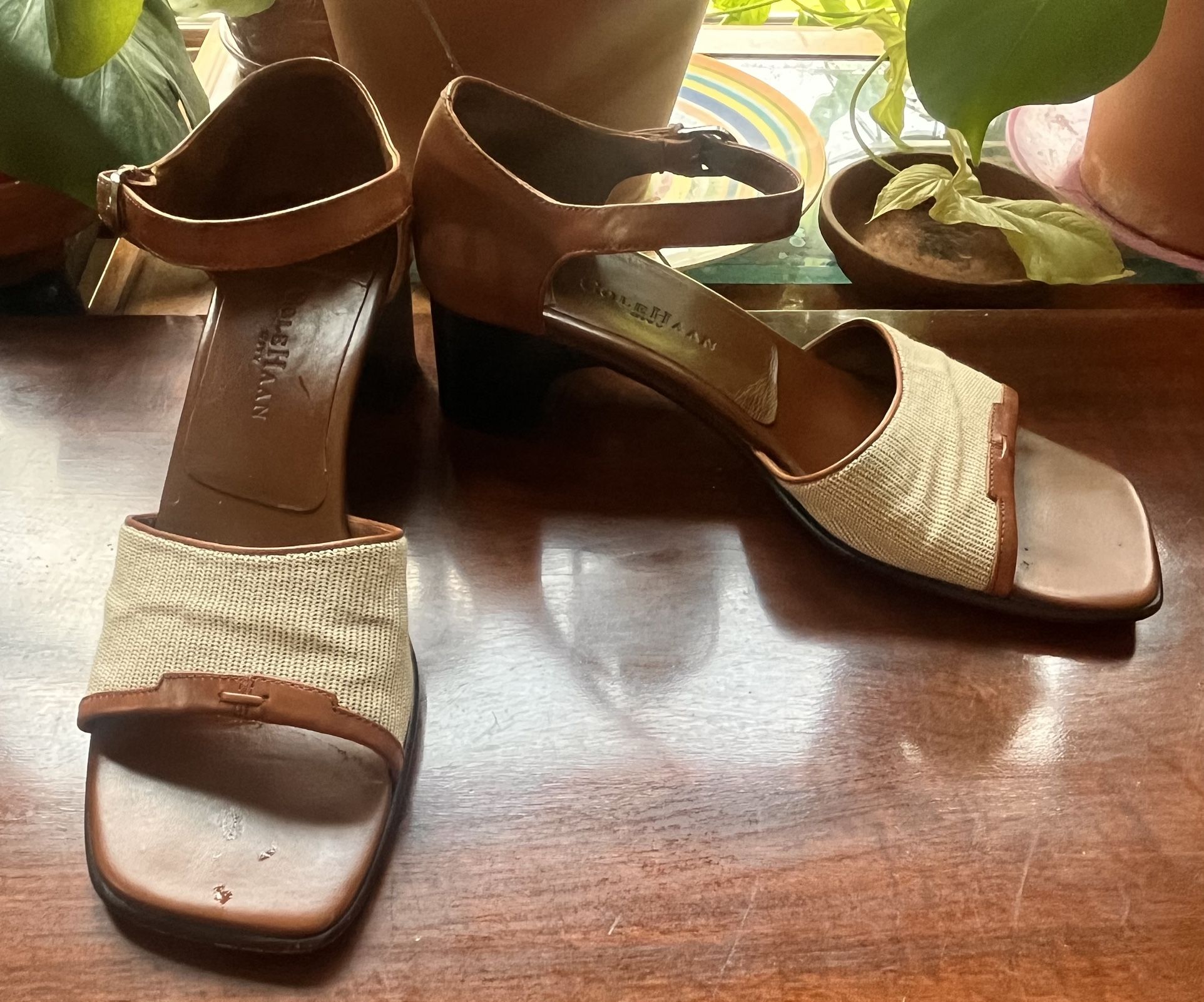 Cole Haan Genuine Leather Brown and Cream Chunky Heel Sandals