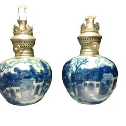 Vintage Blue/White Ironstone Oil Lamps