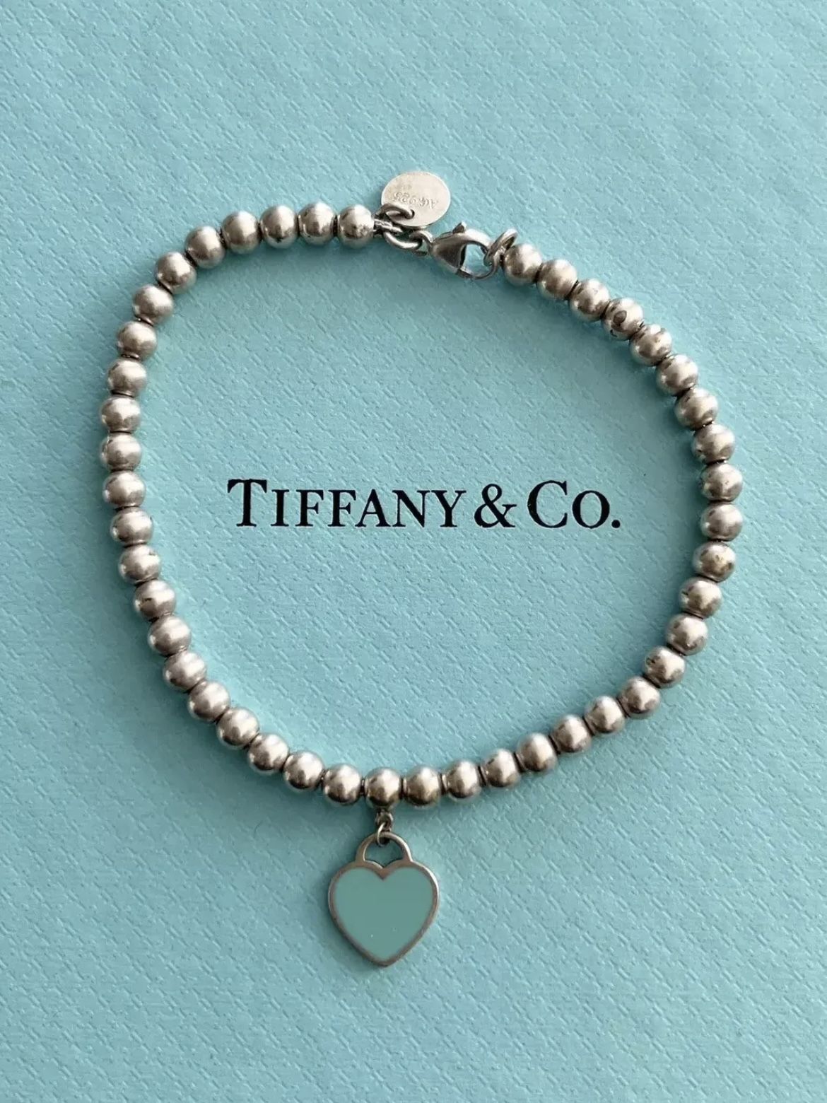 Authentic Tiffany Blue Heart Tag Bead Bracelet Silver 4mm