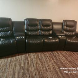 4 Piece Black Leather Reclining Sofa With 4 Remote Controls With USB Ports & 6 Cupholders