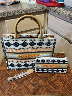 Montana West Boho Handle Canvas Print Tote/Crossbody Bag With Wristlet Wallet 