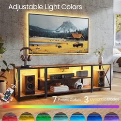 TV Stand With Power Outlets and LED Lights, for TVs up to 75 Inches, Entertainment Center With Open Storage Shelves, Console Table for Living Room, Ru