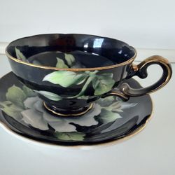 Vintage Lefton Hand Painted Tea Cup Black Grey Flower Made in Occuipied Japan