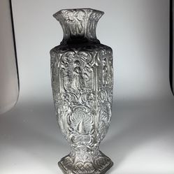 Antique Pewter Dutch Ware Vase Hexagon , fully decorated people, windmill houses, sailboat flowers scrolls