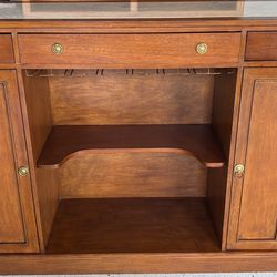 Beautiful Wood Bar Cabinet with Marble Top, Authentic Brass Handrail, and Wine Storage