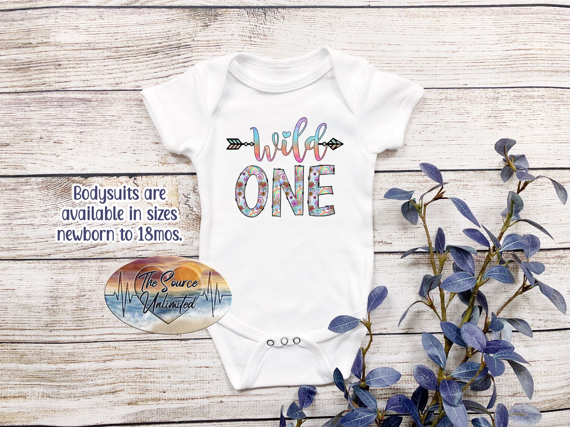 Baby Bodysuit/ Onesie with Wild One Birthday Design Sizes NB to 18 mos.