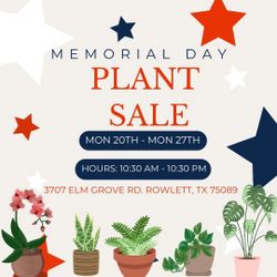 Memorial Day Plant Sale  Mon20th-Mon27th 
Hours 10:39am-10:30pm
3707 Elm Grove Rowlett Tx 75089 Se habla Espanol 