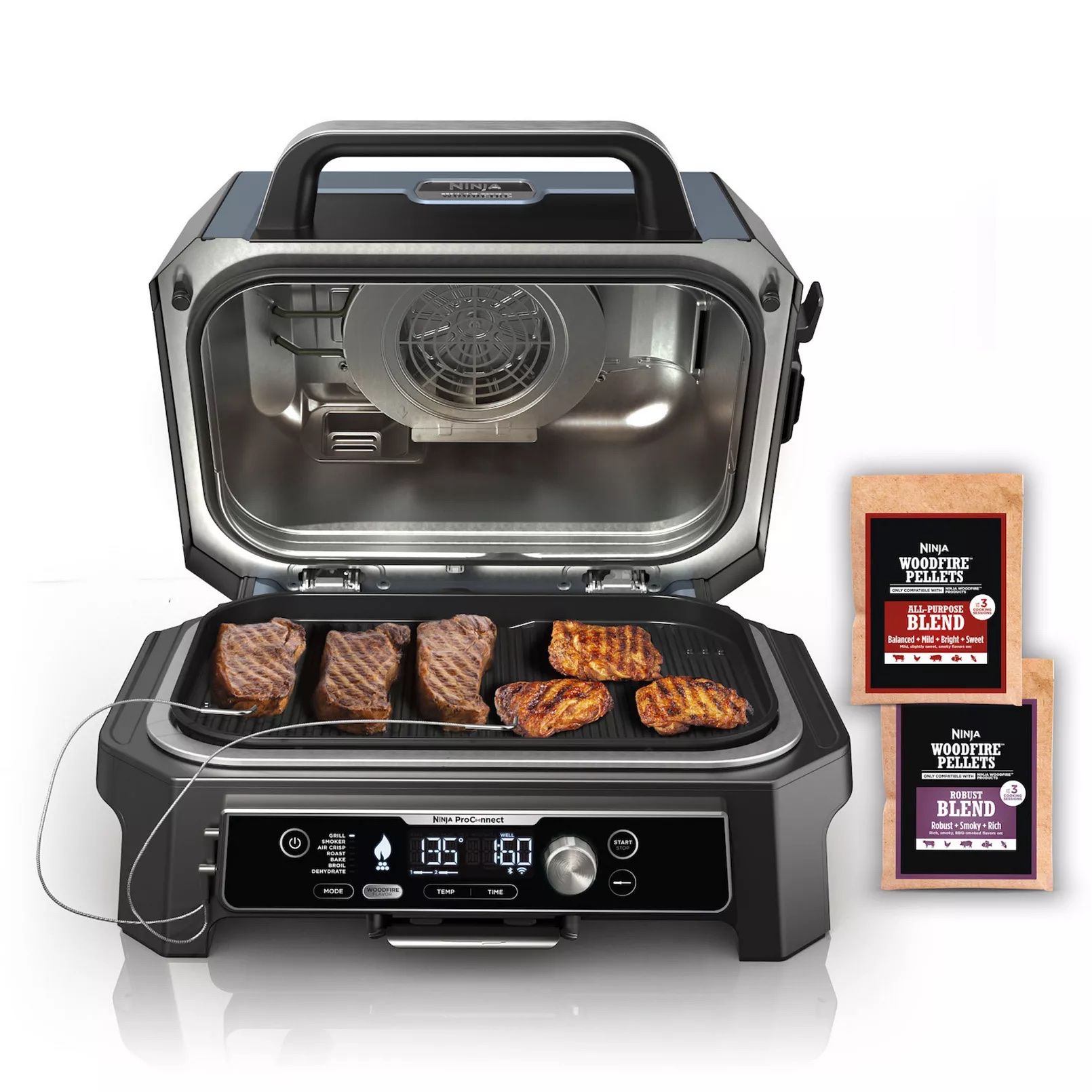 NINJA OG951 WOODFIRE PRO CONNECT PREMIUM XL OUTDOOR GRILL, SMOKER, AIR FRYER  AND MORE 7 IN ONE  WITH 2 BUILT IN THERMOMETERS, BLUETOOTH,APP ENABLED