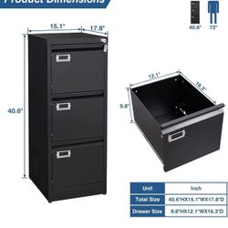 🥨3-Drawer File Cabinet, 16.3" Deep Vertical Filing Cabinet with Lock, Metal File Cabinet for Home Office, Anti-Tip 3 Storage Drawers 