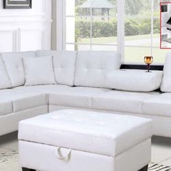 New White Gel Leather Sectional Tufted Back And Seat With Storage Chaise with Cup Holders ( Ottoman Not Available )