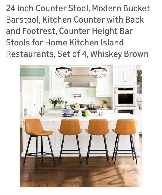 24 Inch Counter Stool, Modern Bucket Barstool, Kitchen Counter With Backrest, and Footrest Set Of 4 Whiskey Brown