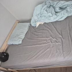 Full Size Bed And Tan Wooden Bed Frame 