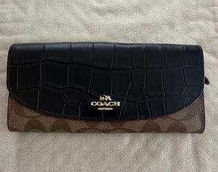 NWT Coach Signature Canvas Slim Envelope Wallet with Black Croc-Embossed Trim