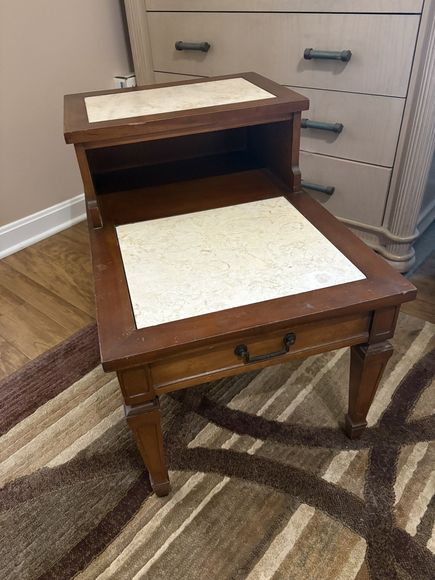 Vintage Real Marble And Wood End Table