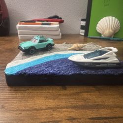 Handmade Beach Diorama with Porsche & Boat – Miniature Ocean Scene Decor