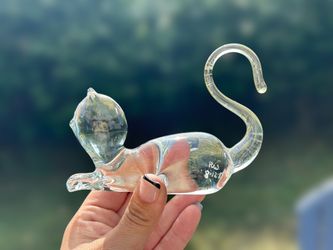 Art Glass Cat Paperweight Figurine Crystal Clear 80s Vintage - Signed By Artist