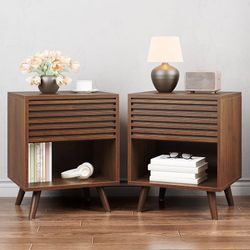  Nightstands Set of 2, 19" Wide Mid Century Modern Nightstand, Wood Fluted Bedside Table with Drawer for Bedroom, Accent Side End Table with Storage S