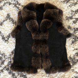 Genuine Fox Shearling Black & Brown Vest Size Large 
