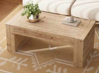 Newly Assembled Rectangular Rustic Wood Coffee Table with Thick Legs
