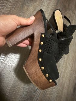Women's Black Laser-Cut Studded Platform Clog Heels – Size 9
