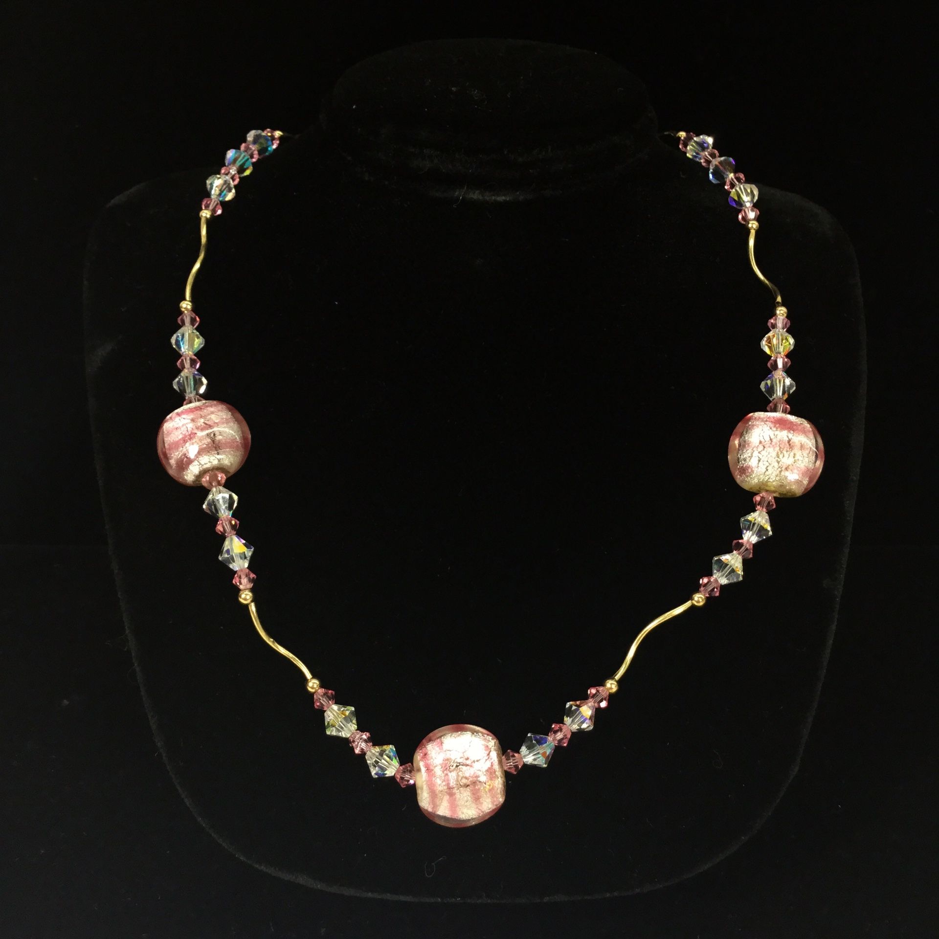 14K Beaded Fine Crystal Pink Candy Glass Necklace