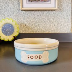 THL | Ceramic Dog Bowl Blue White & Food, Brown Letters With Brown Bone Print  